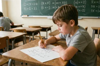Élève de CM2 concentré sur un exercice de nombres décimaux à son bureau de classe