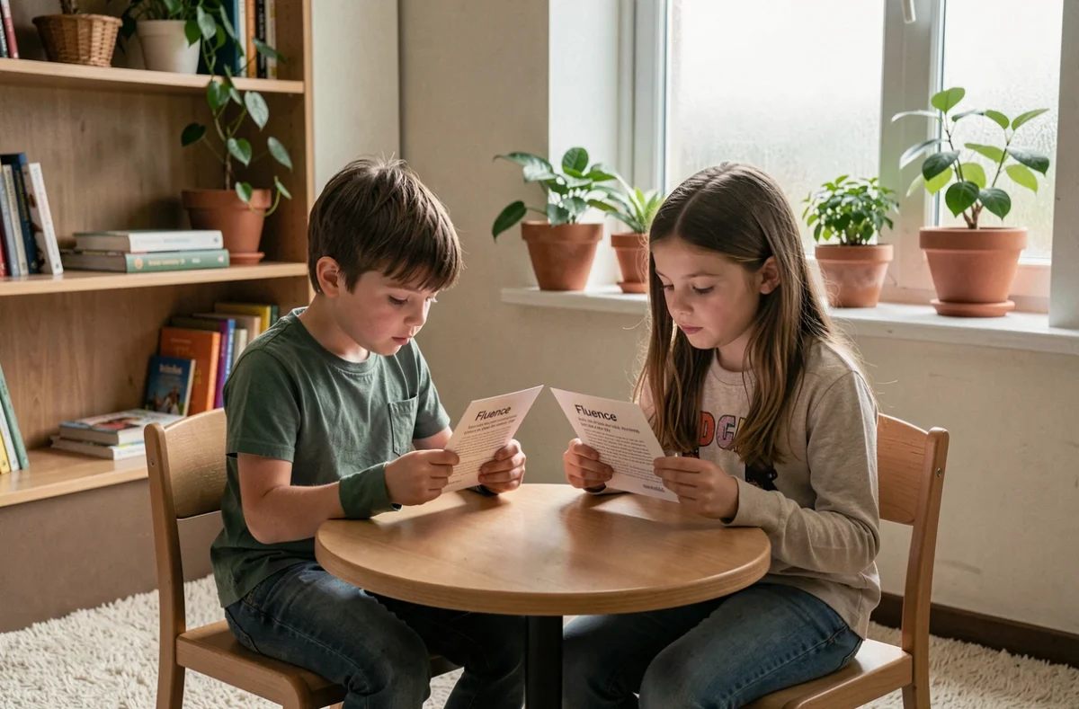 Deux élèves de primaire lisant des textes Fluence en atelier autonome dans un coin lecture aménagé de la classe