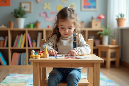 Petite fille curieuse jouant avec des jouets &eacute;ducatifs en classe
