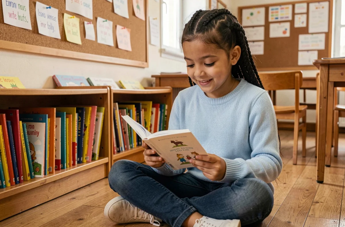 Jeune fille en CE1 lisant seule un livre illustré assis sur le sol d'une salle de classe primaire française