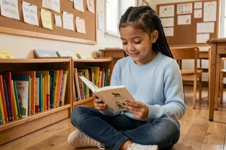 Jeune fille en CE1 lisant seule un livre illustré assis sur le sol d'une salle de classe primaire française