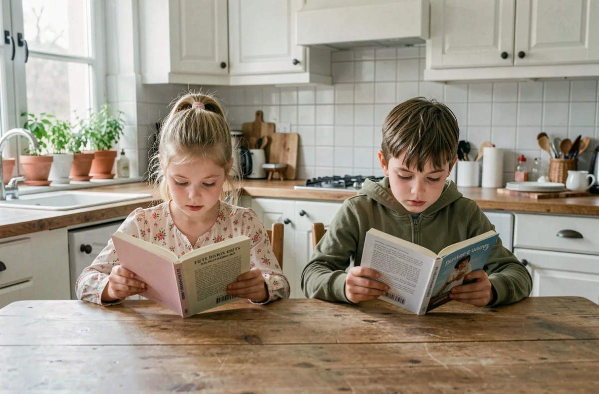 Deux enfants de CE1 lisant chacun un texte en autonomie à la table de la cuisine familiale à la maison