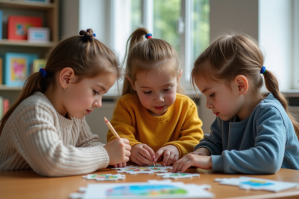 Groupe d'enfants d'école primaire jouant à un puzzle en classe