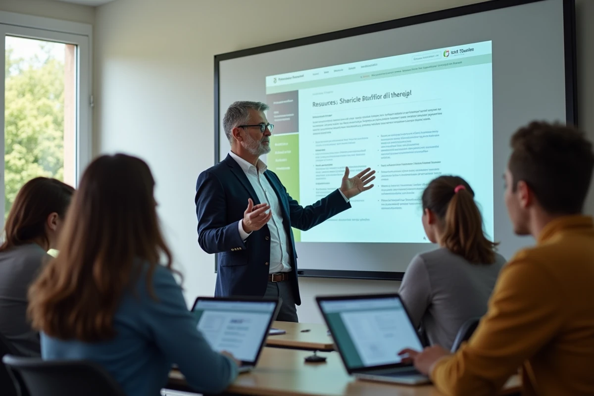 Professeur devant tableau interactif avec &eacute;l&egrave;ves utilisant des tablettes