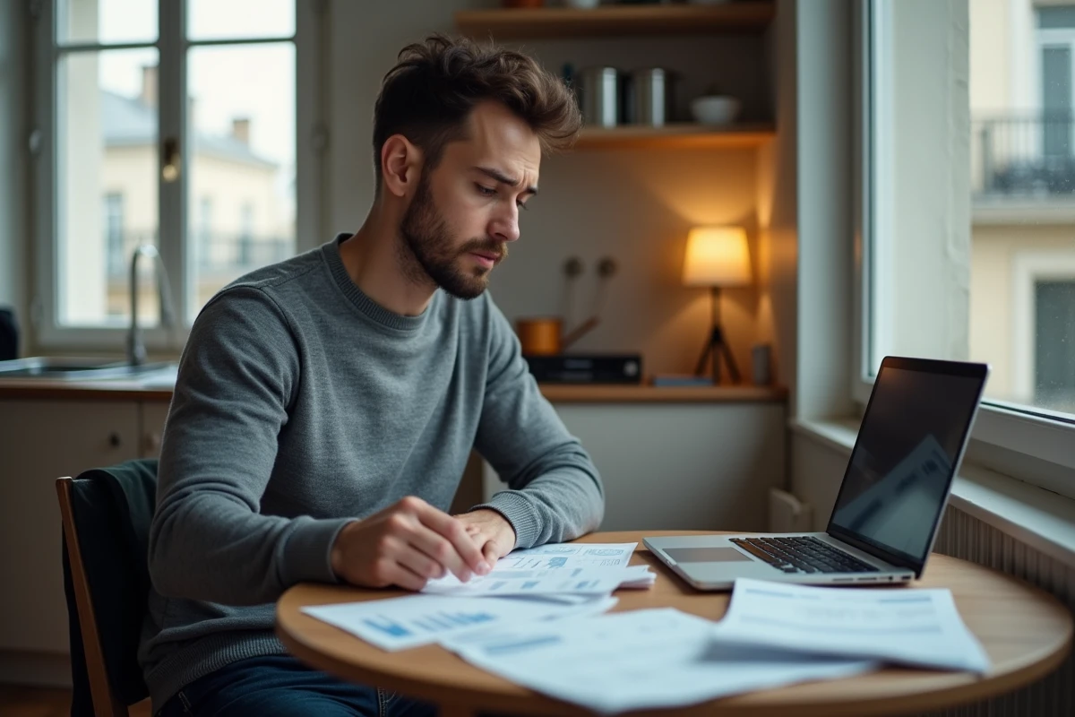 Jeune enseignant du primaire g&eacute;rant son budget mensuel dans un appartement parisien, symbolisant les difficult&eacute;s financi&egrave;res li&eacute;es au salaire de professeur des &eacute;coles en &Icirc;le-de-France