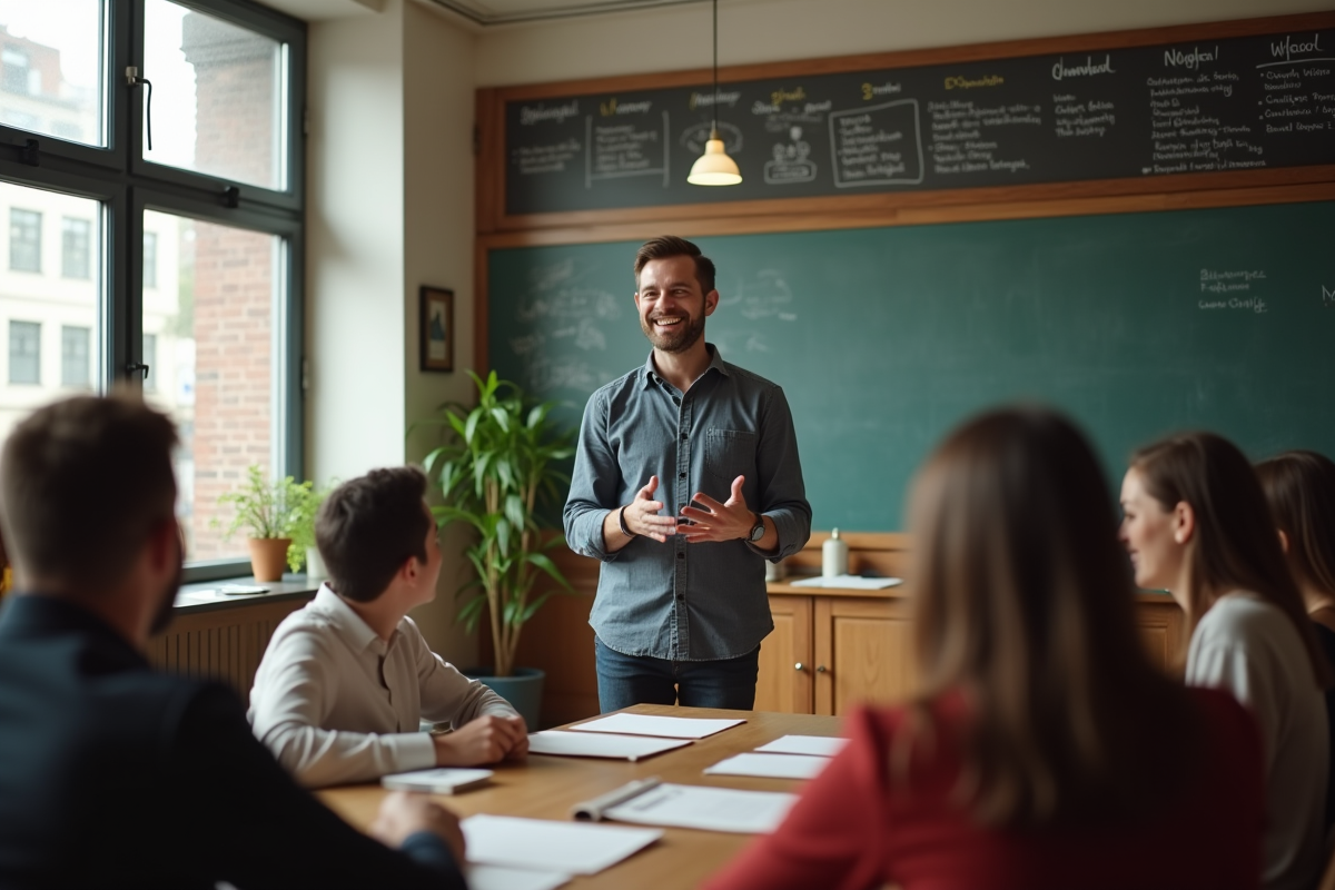 Homme souriant enseignant dans une salle de classe conviviale