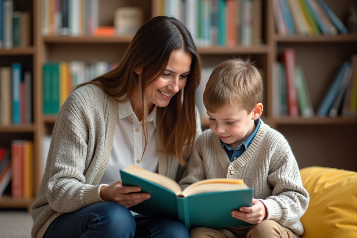 Enseignante lisant un livre à un jeune garçon en bibliothèque