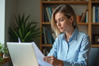 Une enseignante met à jour son CV et ses vœux de mobilité sur iProf depuis son bureau à domicile