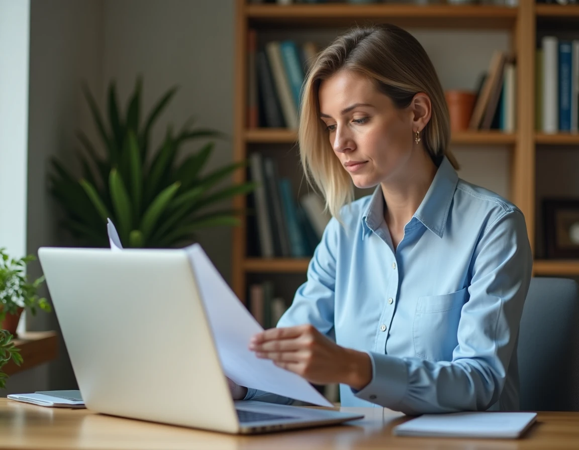 Une enseignante met à jour son CV et ses vœux de mobilité sur iProf depuis son bureau à domicile