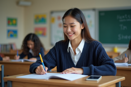 Jeune enseignante en classe aidant un &eacute;l&egrave;ve