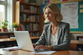 Enseignante utilisant la plateforme numérique Toutatice sur son ordinateur portable dans une salle des professeurs