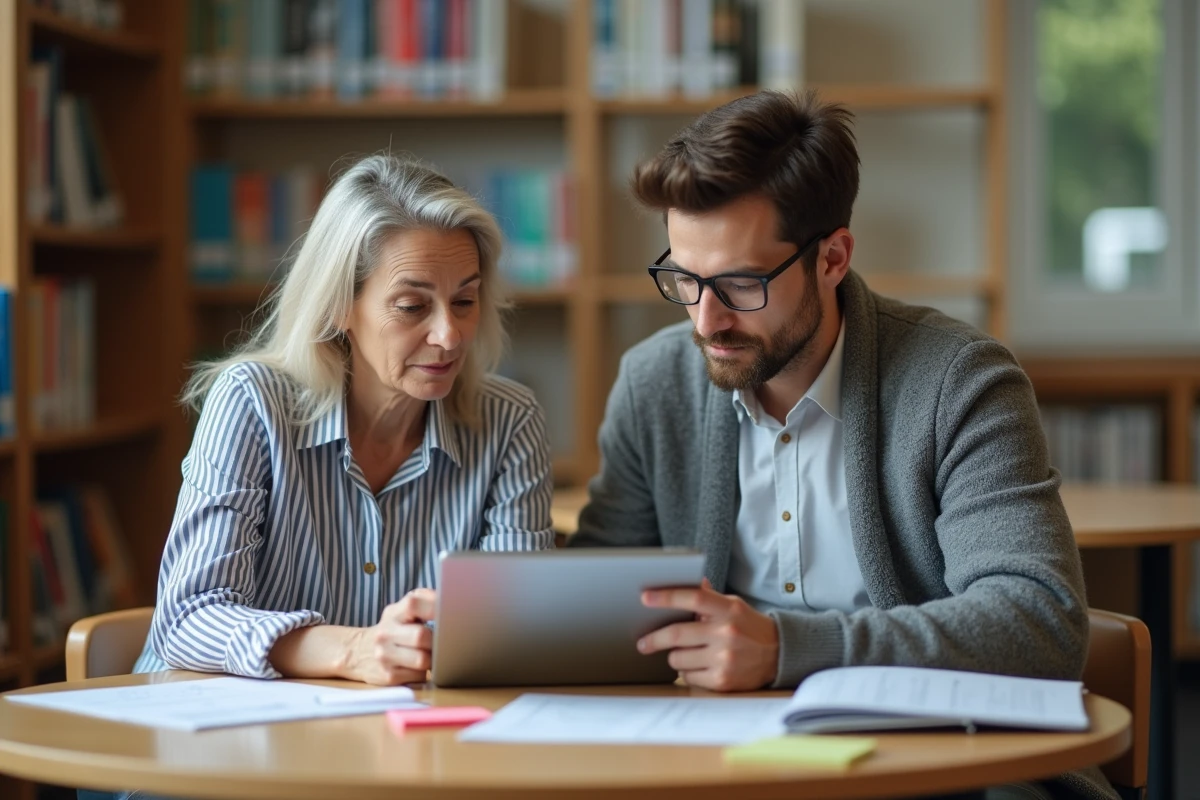 Deux enseignants collaborant sur des outils numériques pédagogiques avec une tablette et des documents dans une bibliothèque scolaire