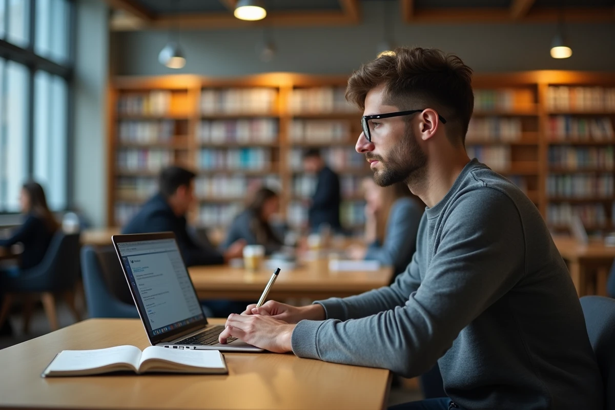 Jeune homme s'entra&icirc;nant aux tests psychotechniques en ligne dans une biblioth&egrave;que moderne