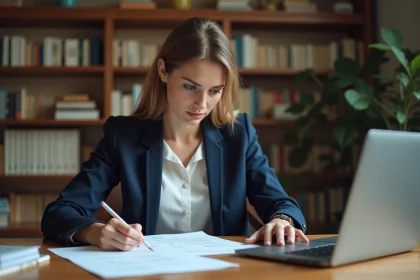 Femme concentrée qui s'entraîne sur des tests psychotechniques imprimés à son bureau à domicile