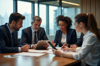 Groupe de professionnels en réunion dans un bureau moderne