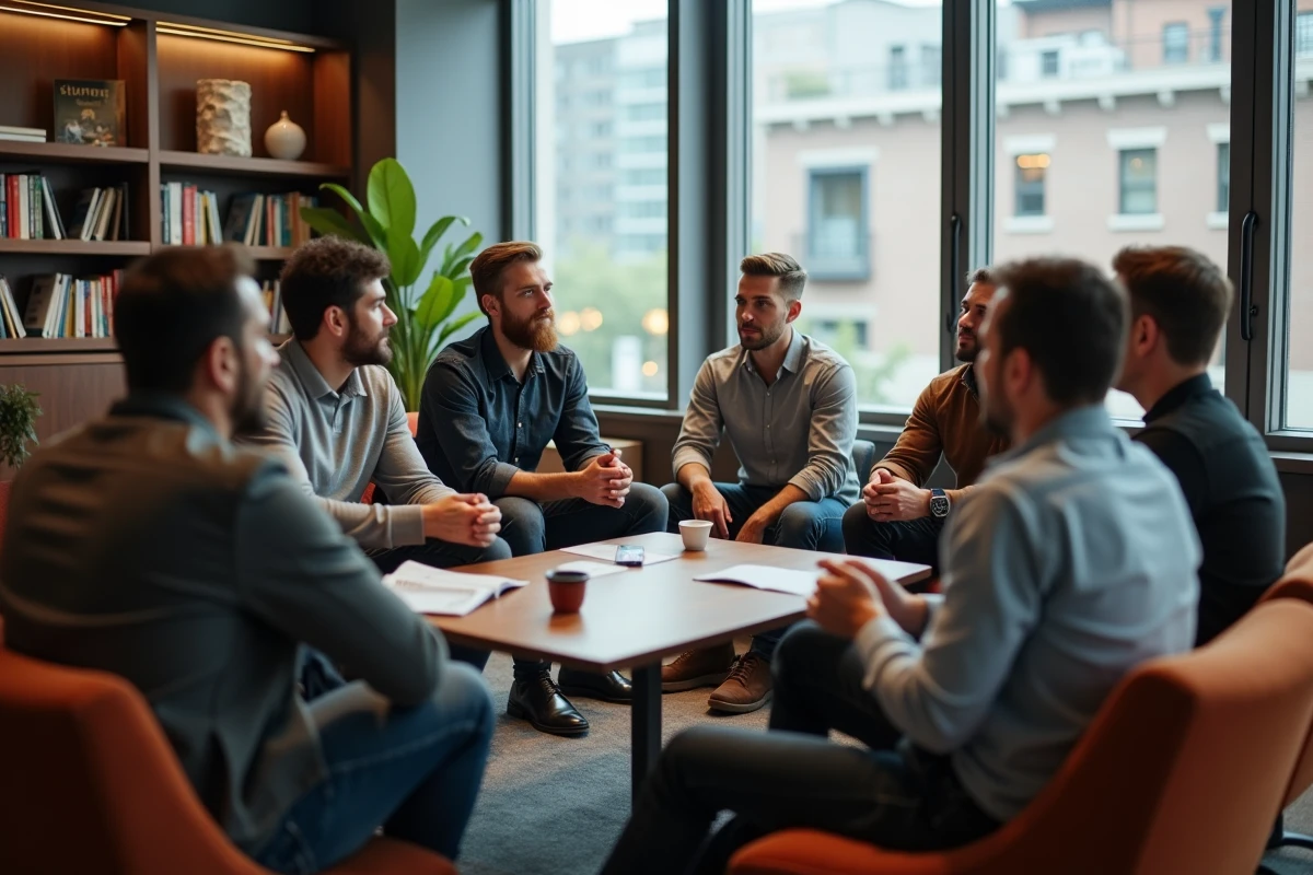 Groupe diversifi&eacute; en discussion dans un lounge moderne