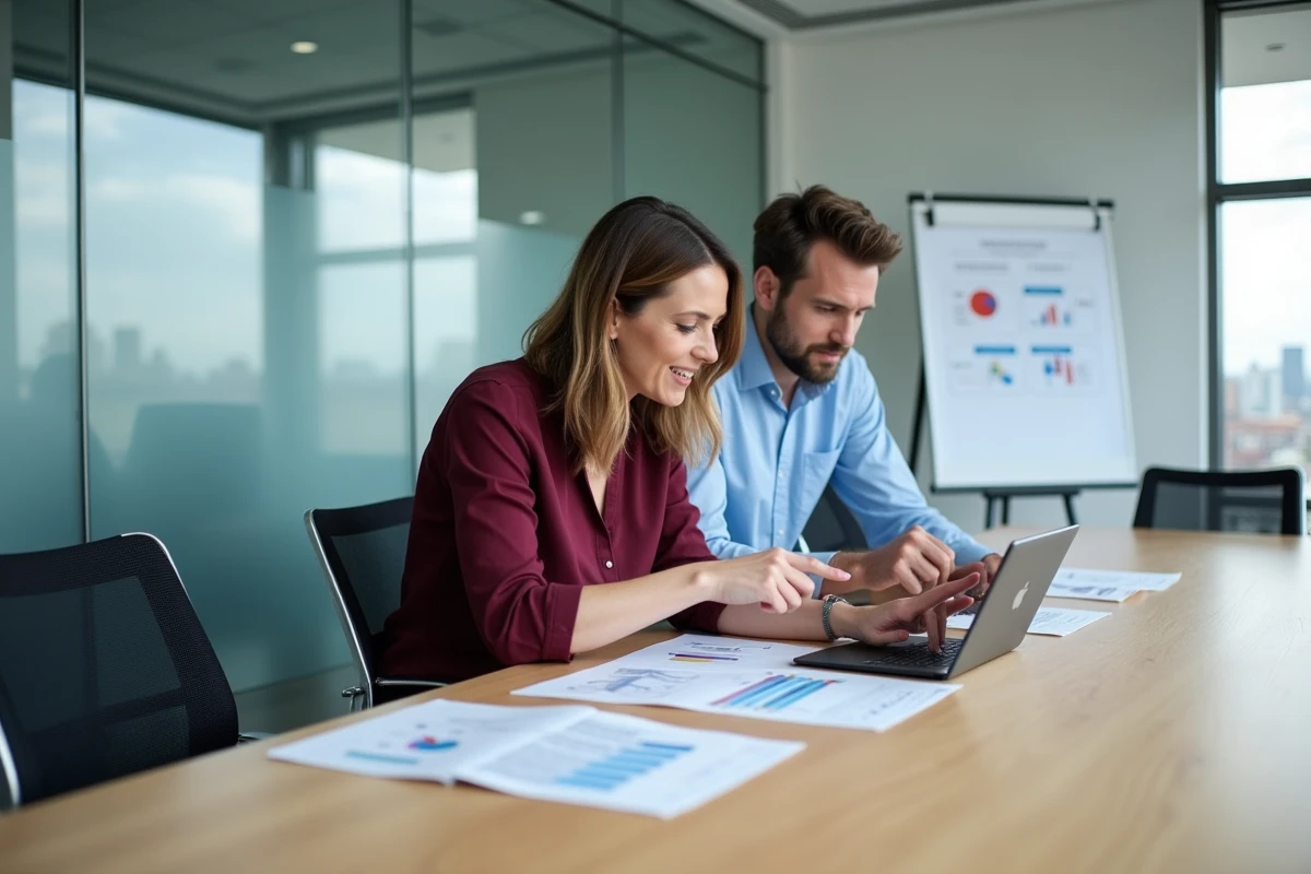 Équipe marketing en réunion analysant les fonctionnalités et les tarifs d'un logiciel emailing intégré à leur CRM