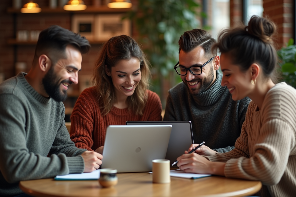 Équipe de professionnels en discussion dans un café cosy