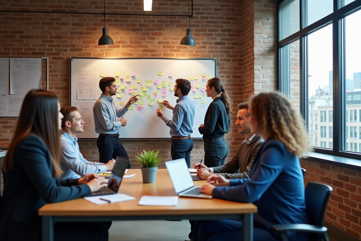 Groupe de jeunes professionnels collaborant autour d un tableau blanc