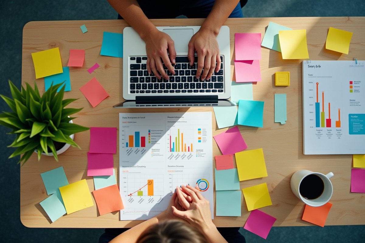 Espace de travail créatif avec notes et analytics marketing
