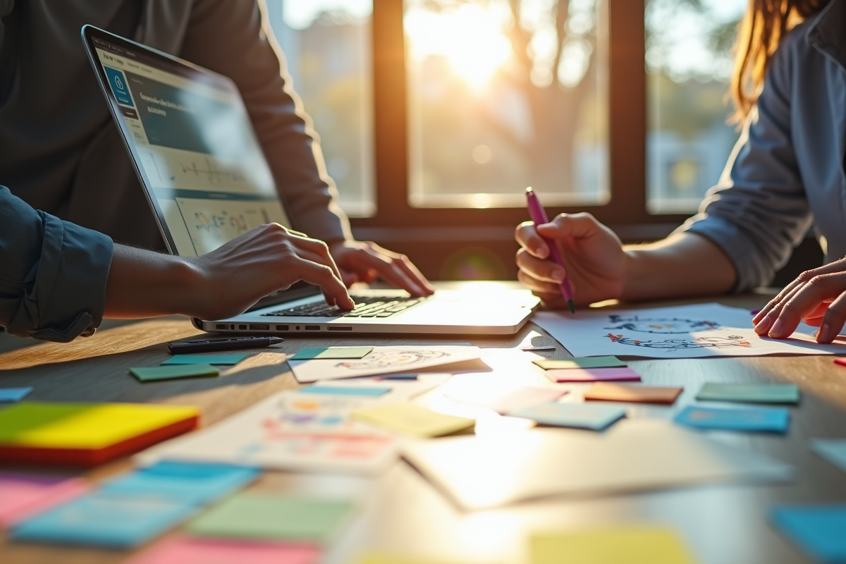 Espace de travail créatif avec ordinateur et notes inspirantes