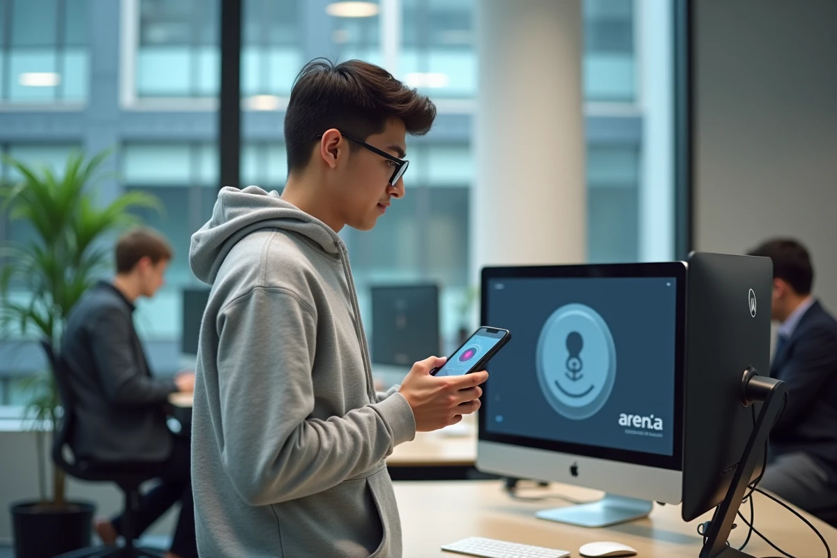 Étudiant utilisant son smartphone pour se connecter au service Arena de l'université de Versailles