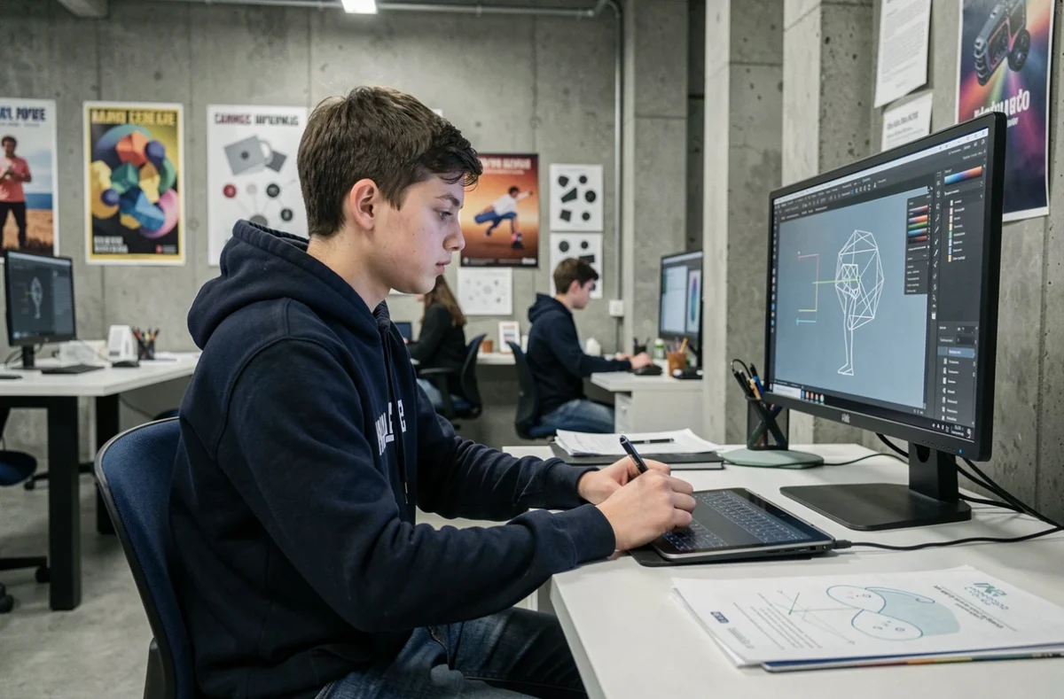 Un étudiant en graphic design travaille sur sa tablette graphique dans les ateliers de l'école MJM