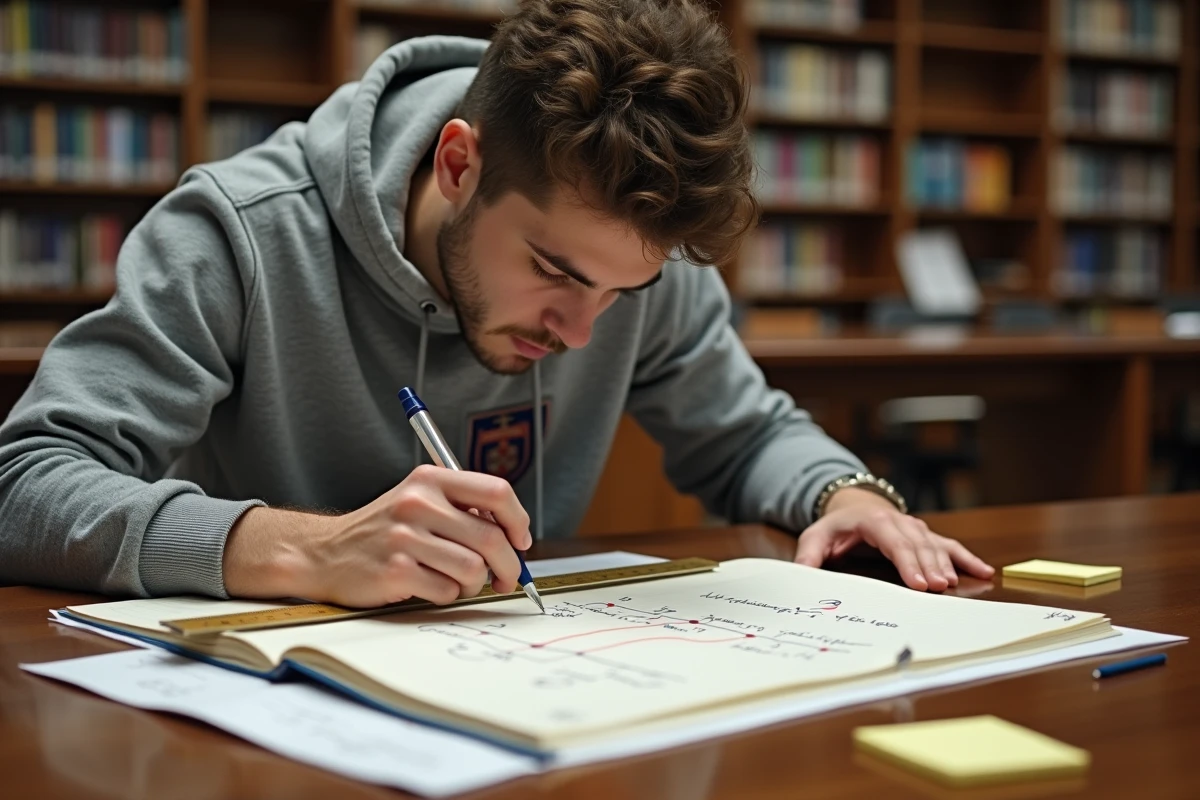 Étudiant en prépa annotant un schéma de majorants et de borne supérieure dans une bibliothèque universitaire