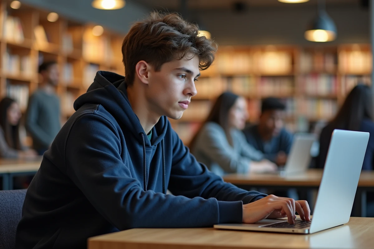 Étudiant se connectant pour la première fois à l'ENT college78 sur son ordinateur portable en bibliothèque universitaire