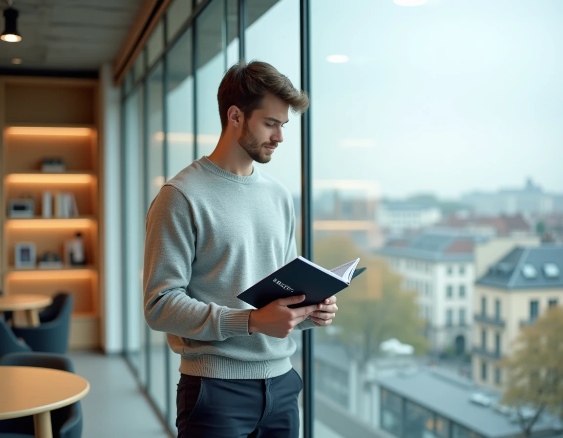 Étudiant consultant une brochure EDHEC comparant les campus de Nice et des autres sites depuis une salle moderne d'une école de commerce