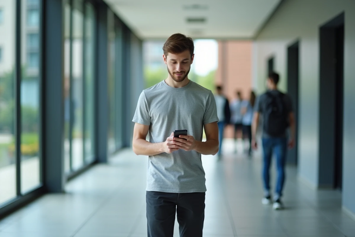 Étudiant consultant l'ENT Centrale Marseille sur smartphone dans un couloir du campus universitaire