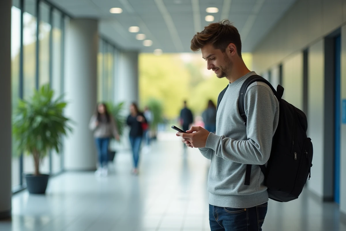 Étudiant consultant l'ENT universitaire sur smartphone dans un couloir du campus de Nanterre