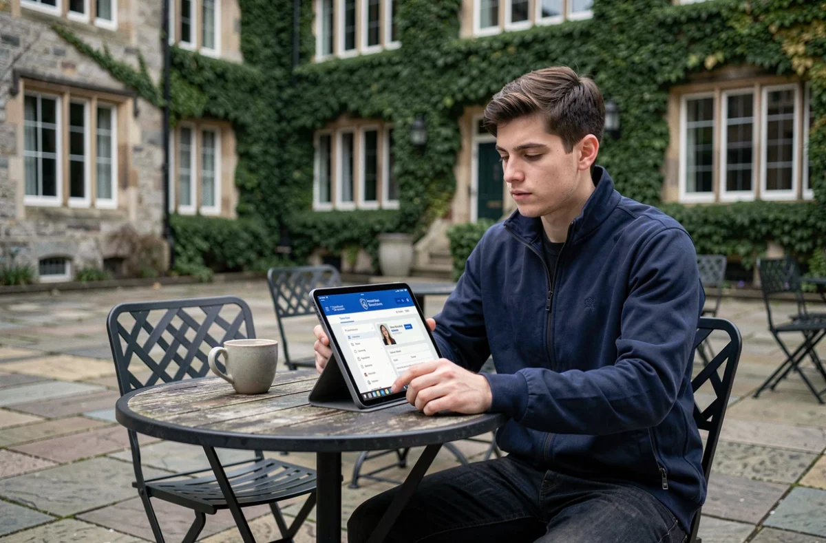 Étudiant configurant l'ENT sur une tablette en terrasse d'un campus universitaire