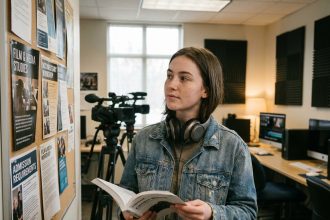 Étudiante en audiovisuel dans un laboratoire média universitaire consultant des brochures de formation