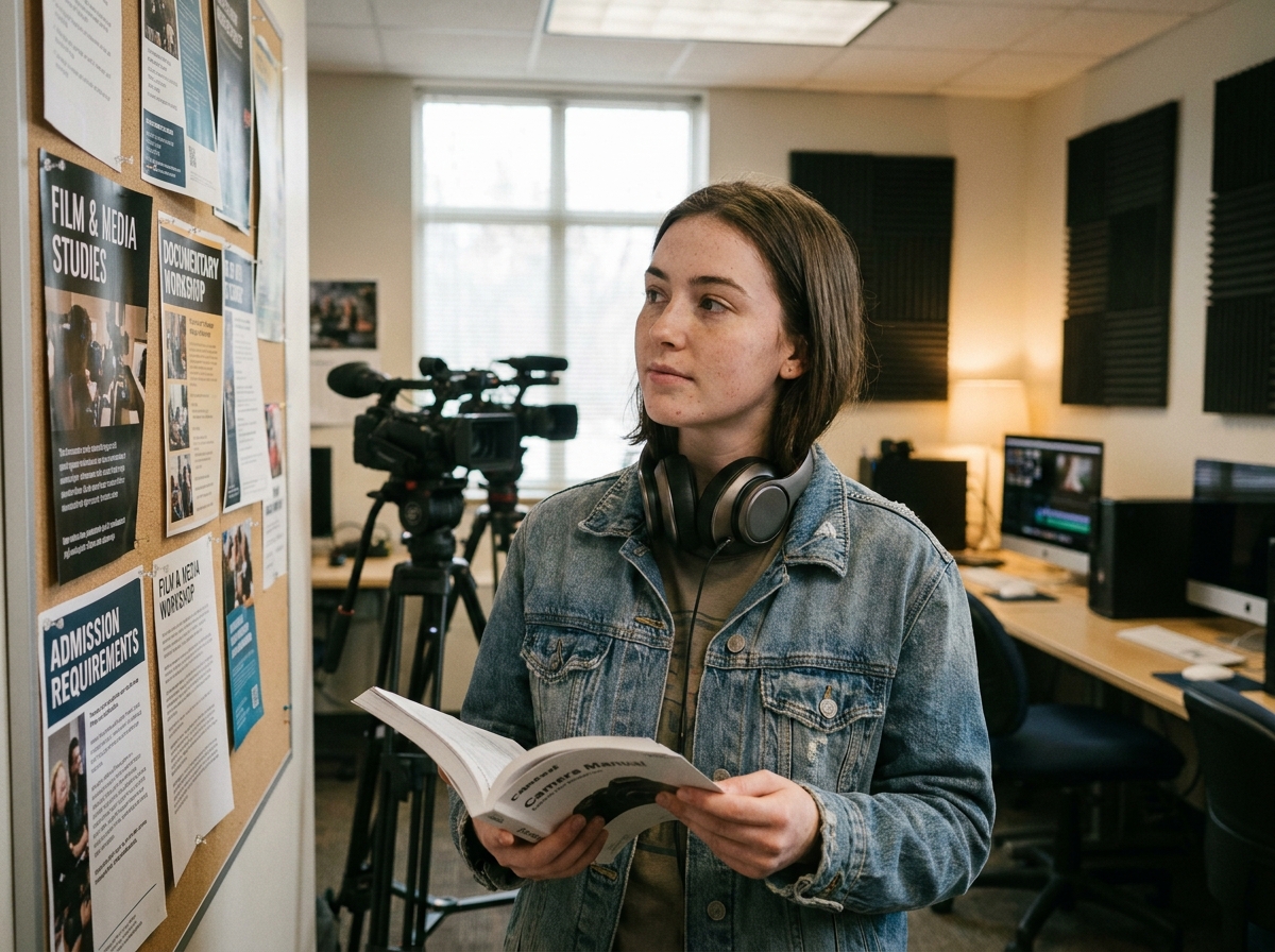 Étudiante en audiovisuel dans un laboratoire média universitaire consultant des brochures de formation