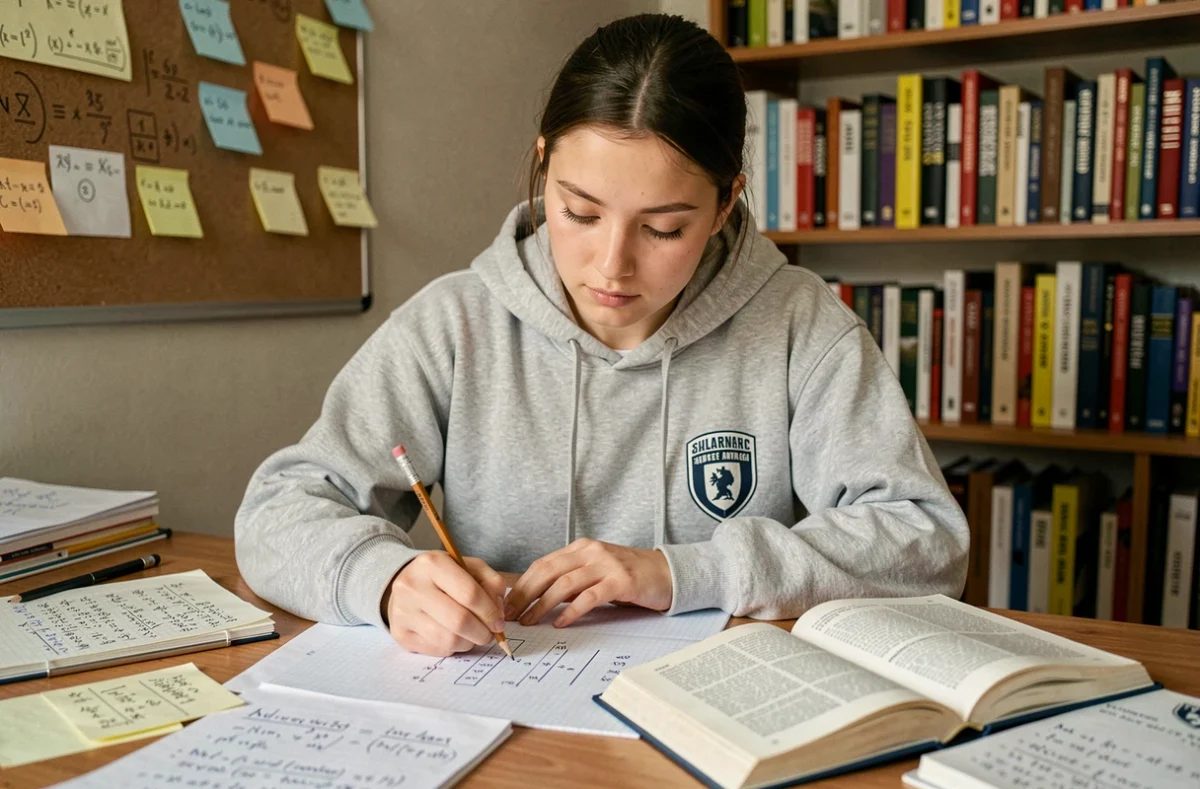 Étudiante calculant une moyenne avec coefficient sur papier quadrillé dans une chambre universitaire