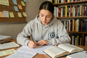 Étudiante calculant une moyenne avec coefficient sur papier quadrillé dans une chambre universitaire