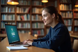 Étudiante connectée au portail LSU Versailles sur un ordinateur portable dans une bibliothèque universitaire