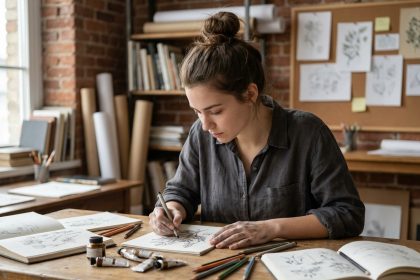Jeune femme passionnée de dessin travaillant sur une illustration détaillée dans son atelier personnel, entourée de carnets et de crayons