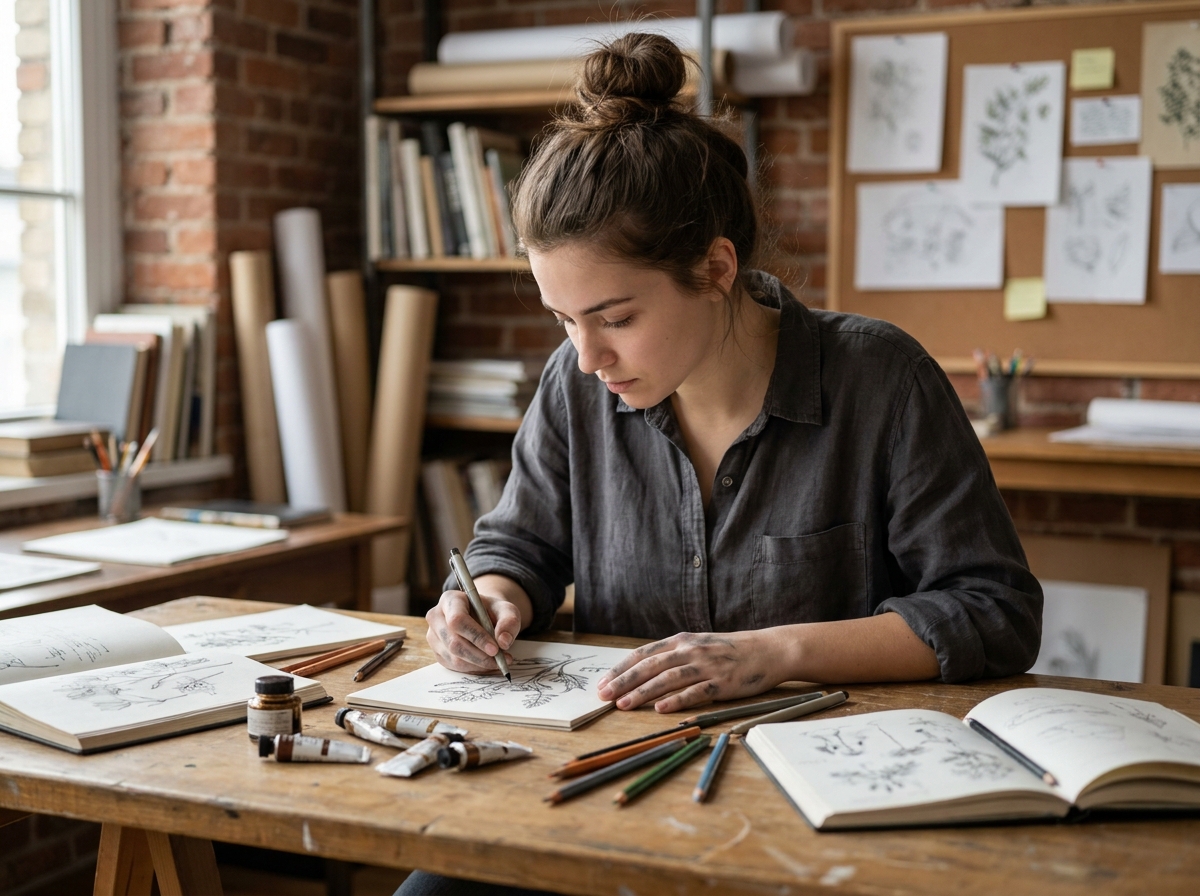 Jeune femme passionnée de dessin travaillant sur une illustration détaillée dans son atelier personnel, entourée de carnets et de crayons