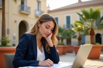 Étudiante de l'EDHEC Nice comparant les options de campus sur sa terrasse universitaire avec des brochures et un ordinateur portable