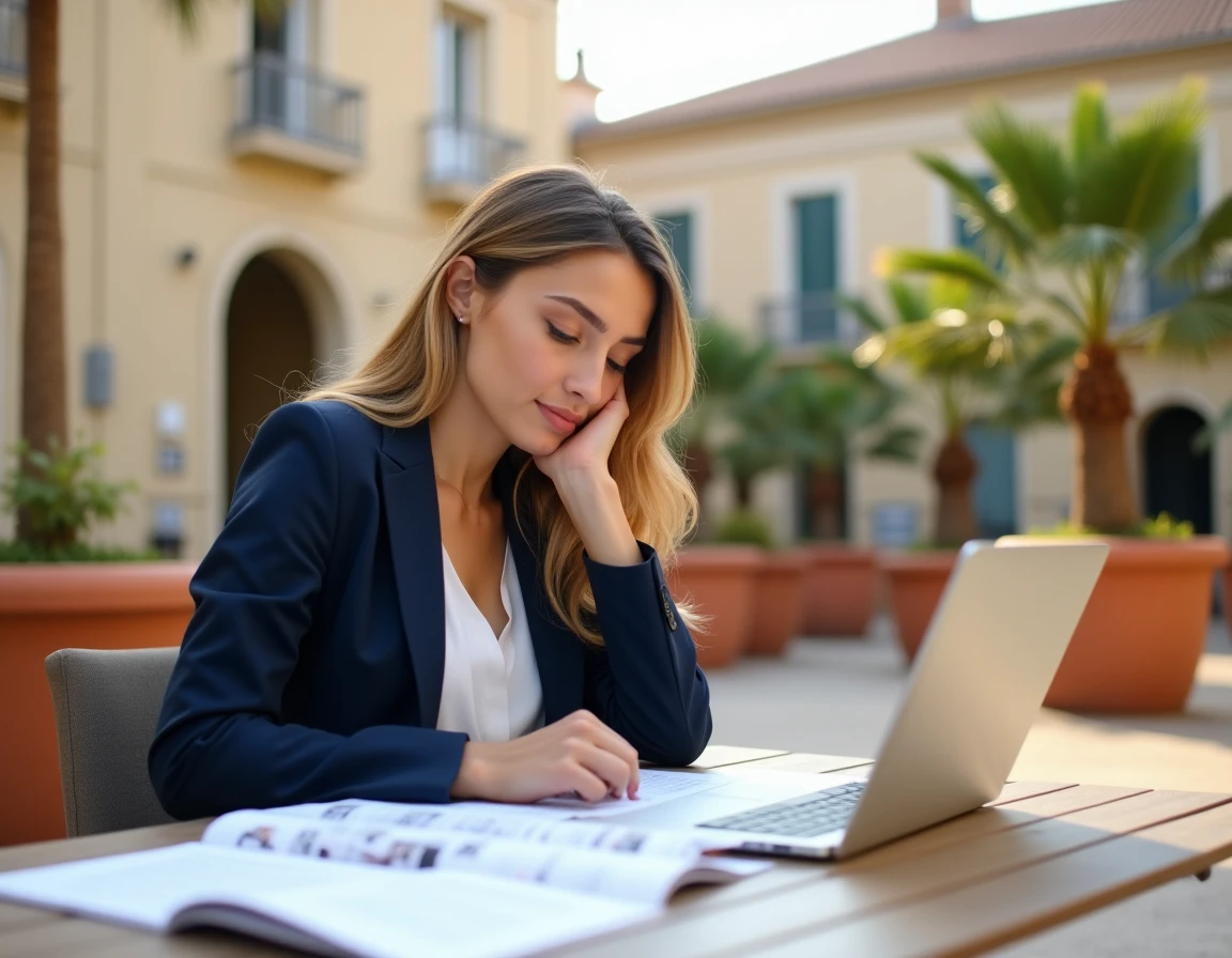 Étudiante de l'EDHEC Nice comparant les options de campus sur sa terrasse universitaire avec des brochures et un ordinateur portable