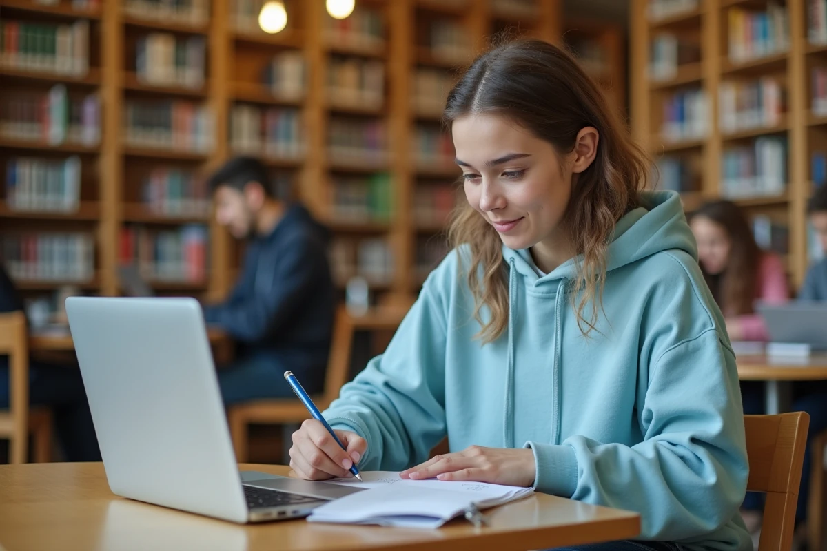 Étudiante consultant son emploi du temps universitaire dans une bibliothèque à Angers