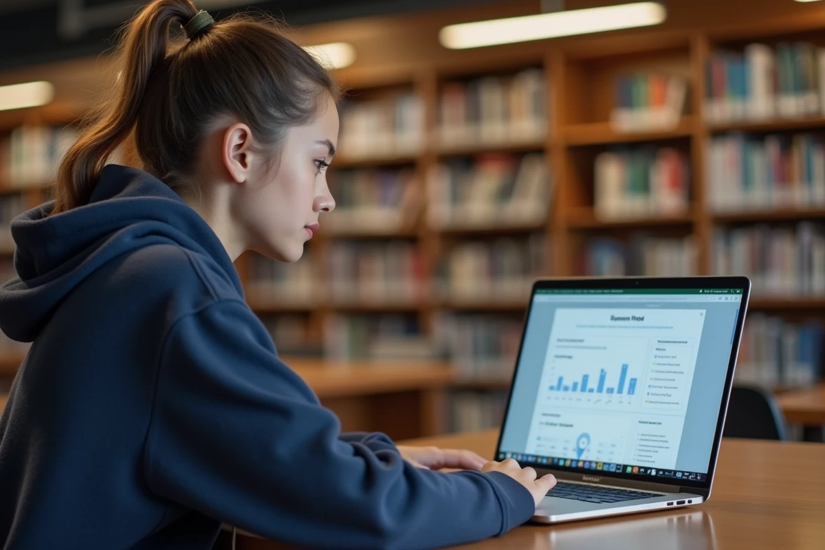 Étudiante connectée à l'ENT Centrale Marseille sur son ordinateur portable dans la bibliothèque universitaire