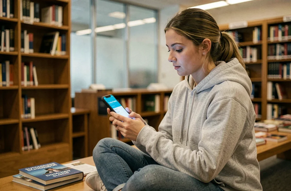 Étudiante consultant l'ENT de l'IUT de Bourges sur son smartphone dans une bibliothèque universitaire