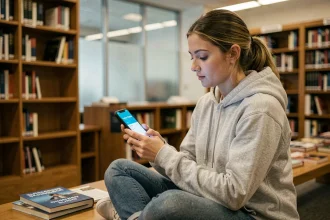 Étudiante consultant l'ENT de l'IUT de Bourges sur son smartphone dans une bibliothèque universitaire