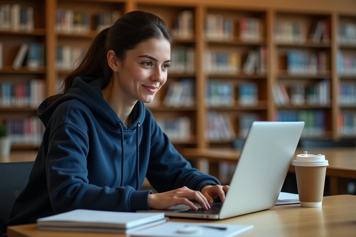 Étudiante utilisant l'ENT de l'université de Nanterre sur un ordinateur portable dans une bibliothèque universitaire moderne