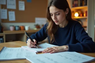 Étudiante en classe préparatoire prenant des notes rapides sur les majorants dans son cahier de maths