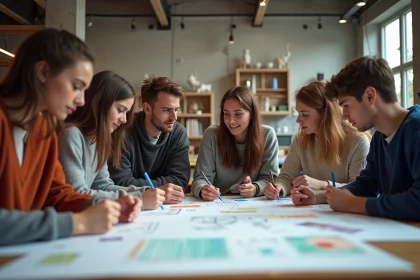 Groupe d'&eacute;tudiants en design dans un studio cr&eacute;atif