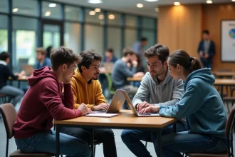 Groupe d'étudiants en étude digitale dans un espace moderne